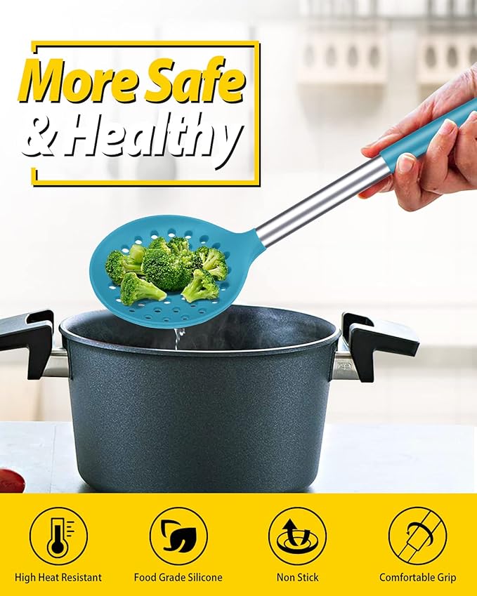 Kitchen Ladle Strainer Set of 2 Large Slotted Spoon with High Heat Resistant BPA Free Non Stick Cooking Skimmers For Draining and Frying (Grey and Teal Blue)