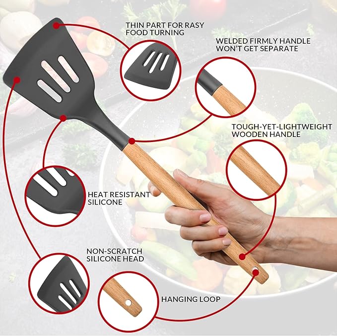 Kitchen Utensils Set of 12, E-far Silicone Cooking Utensils with Holder, Non-stick Cookware Friendly & Heat Resistant, Includes Spatula Tong Whisk Ladle Brush Slotted Turner Spoon(Gray)