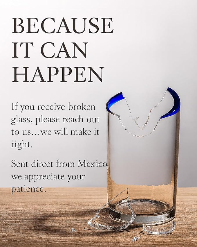 Corazón Bonito Handblown Mexican Glasses Set of 6, Blue Cobalt Rim Drinking Glasses, Artisan Crafted Glassware (17 oz each)