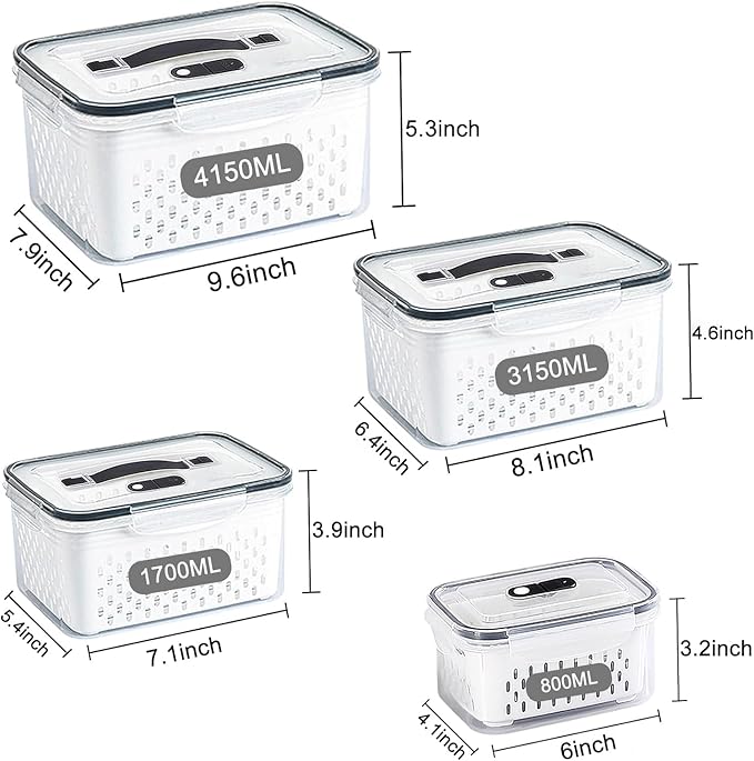 4 Pack Large Fruit Storage Containers for Fridge with vent holes and handle，Airtight Food Storage Containers Keep Fruits, Vegetables, Berry, Fresh longer,BPA-free Fridge Storage Container with Lid