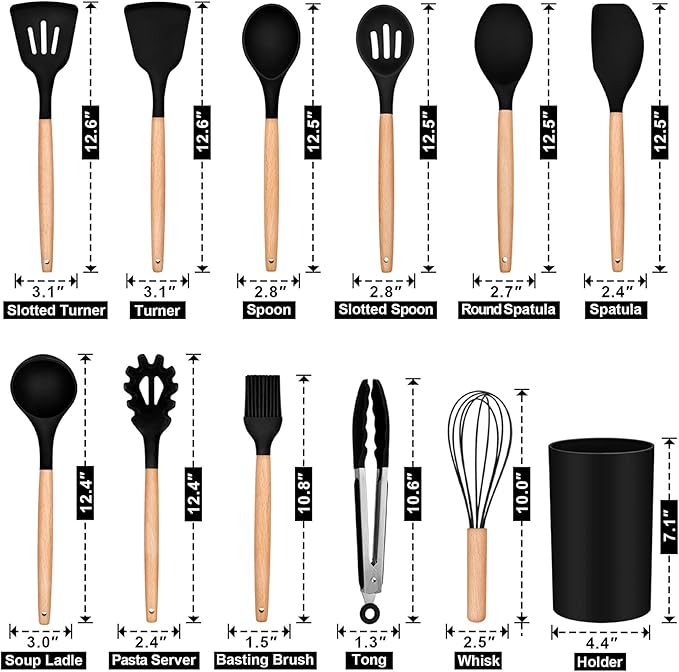P&P CHEF Silicone Cooking Utensils Set, 12PCS Kitchen Utensils Set with Wooden Handle for Nonstick Cookware, Ladle, Spoon, Spatula, Tong, Heat-resistant & Non-scratch, Non Smell & Healthy, Black