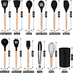 P&P CHEF Silicone Cooking Utensils Set, 12PCS Kitchen Utensils Set with Wooden Handle for Nonstick Cookware, Ladle, Spoon, Spatula, Tong, Heat-resistant & Non-scratch, Non Smell & Healthy, Black
