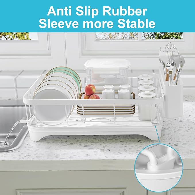 Dish Drying Rack - Space Saving Dish Rack with Drainboard,Single Layer with Utensil Holder - Large Capacity Countertop Organizer for Bowls, Cups, Dish Drainer White