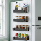 4 Pack Magnetic Spice Rack Organizer for Refrigerator and Oven, Movable Magnetic Hanging Kitchen Spice Rack with 4 Hooks, Black