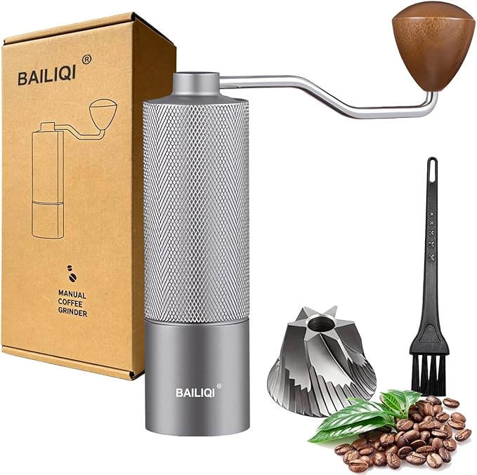 Manual Coffee Grinder with Double Bearing System Coffee Bean Grinder, 25g Capacity Hand Coffee Grinder, Stainless Steel 6-Star Burr Mill (GRAY, 6star-stainless steel)