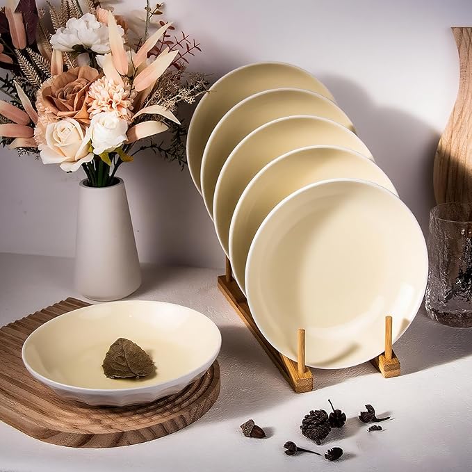 Set of 6 Dinner Plates 8 Inch, Yellow Porcelain Plates, Microwave Oven Dishwasher Safe Scratch Resistant