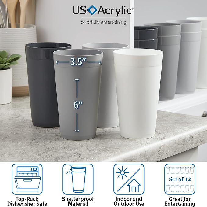 US Acrylic Newport 20 ounce Unbreakable Plastic Stackable Water Tumblers in Grey Stone | Set of 12 Drinking Cups | Reusable, BPA-free, Made in the USA, Top-rack Dishwasher and Microwave Safe