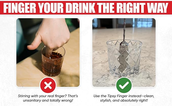 National Finger Company, Finger Cocktail Stirrer, Tipsy Finger, 36 cm, Stainless Steel Life-Size Finger Spoon, Funny Bar Spoon, Novelty Cocktail Stirrer, Gag Gift, Quirky Bar Tool