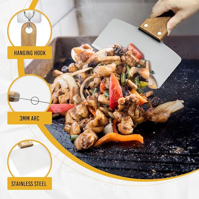 Heavy Duty Stainless Steel Grill Scraper – 5" Natural Wooden Ergonomic Handle, Multifunctional Durable Griddle Cleaner Tool for Blackstone Grill, Outdoor BBQ and Kitchen Use