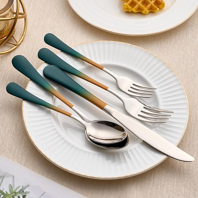 20-Piece Green Orange Silverware Set 18/0 Stainless Steel Silverware Set Green Orange Handle Cutlery Set Service for 4 Dinner Knives Forks Spoons Set Flatware Set Finish Dishwasher Safe