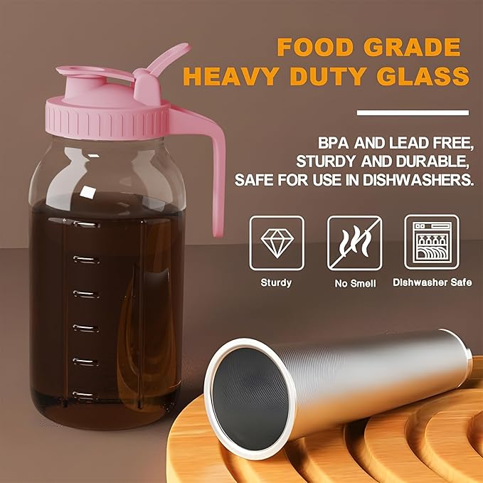 Cold Brew Coffee Maker Pitcher, 32 oz Thick Glass Mason Jar Spout Lid with Handle & Stainless Steel Filter for Iced Brew Coffee, Ice Lemonade, Sun Tea, Fruit Drinks Container