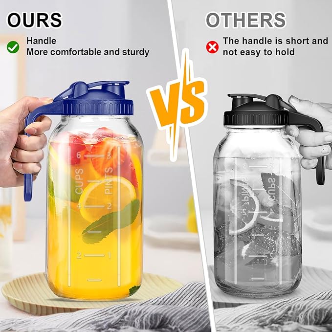 64OZ Mason Jar Pitcher, Blue, 2 Quarts, Leak-Proof Flip Cap Lid, Sturdy Handle, Country Rustic Style