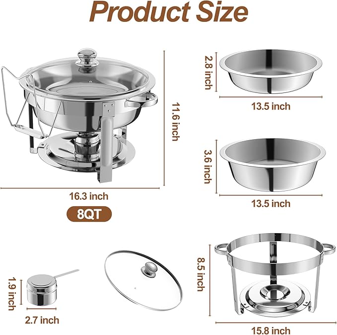 2 Packs Chafing Dish Buffet Set,8QT Round Glass Cover Stainless Steel Buffet Servers and Warmers, Thick Stand Frame Catering Chafe with Mirror Covers,Food Warmer for Party, Weddings,Picnic