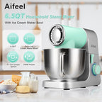 Aifeel Stand Mixer, 6.5QT Mixer with 2QT Ice Cream Maker Bowl, Kitchen Electric Mixer Multifunctional Bread Dough Mixer with Dough Hook,Whisk & Beater, Food Mixer for Baking (Green-Silver)