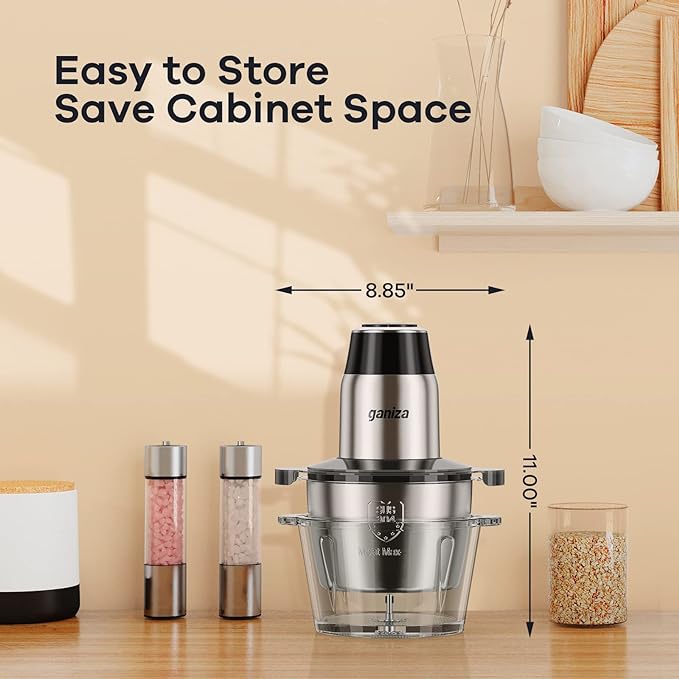 GANIZA Food Processors, Electric Food Chopper with Meat Grinder & Vegetable Chopper - 2 Bowls (8 Cup+8 Cup) with Powerful 450W Copper Motor - Includes 2 Sets of Bi-Level Blades for Fruits/Meat/Nuts
