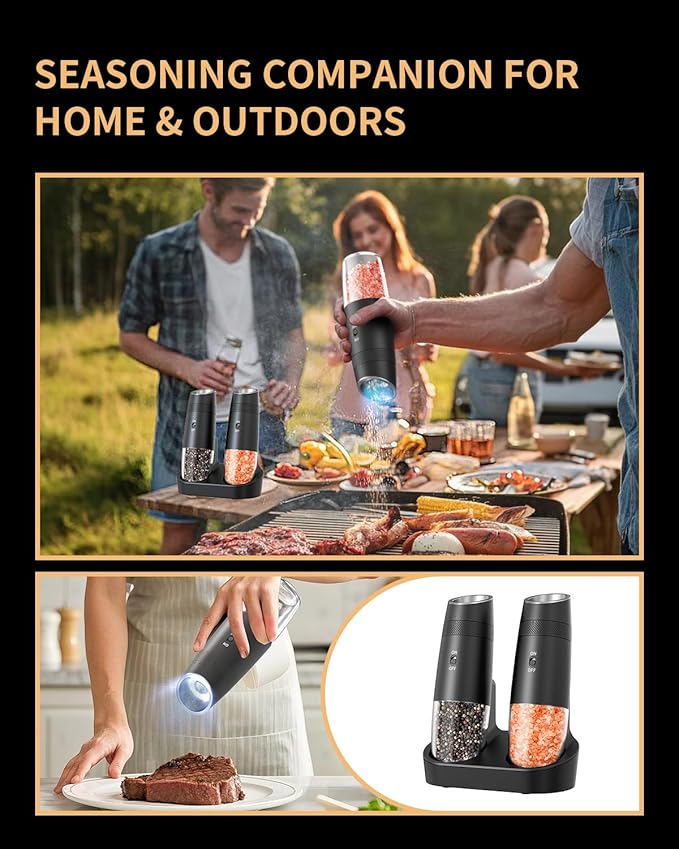 CIRCLE JOY Gravity Electric Salt and Pepper Grinder Set Automatic Shakers Upgraded Pepper Mill with Rechargeable Base, External Adjustable Coarseness, LED Light, Easy Refill for Kitchen & Outdoor
