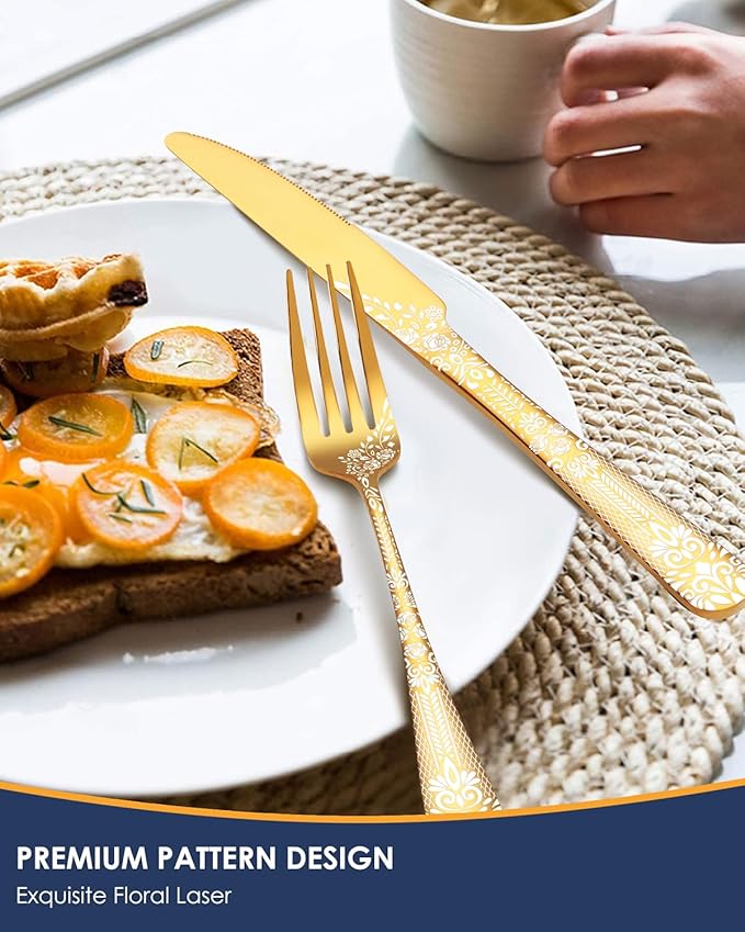 EUIRIO 48-Piece Gold Silverware Set with Steak Knives, Gold Flatware Set for 8, Stainless Steel Cutlery, Knives, Forks and Spoons, Unique Pattern Design, Mirror Polish, Dishwasher Safe