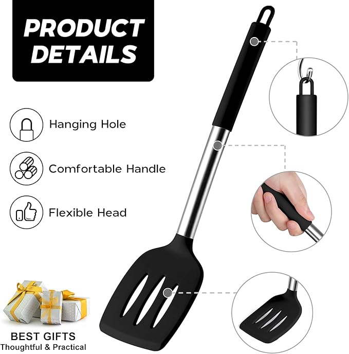 Kitchen Utensils Set, 15 Pcs Silicone Cooking Utensils Set with Holder and Heat Resistant Stainless Steel Handle for Nonstick Cookware - Black