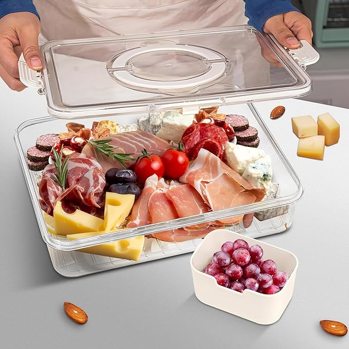 Divided Serving Tray with Lid and Handle,8 Compartments Snacks Box,Snack Fruit and Veggie Tray,Portable Platter for Candy Fruits Nuts Snack Party Entertaining Picnic (1 PCS)