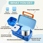 Kids Lunch Bento Box with Thermo Ice Pack Food Container with Insulated Lunch Bag, Insulated Water Bottle with Straw for Girls Boys, Blue