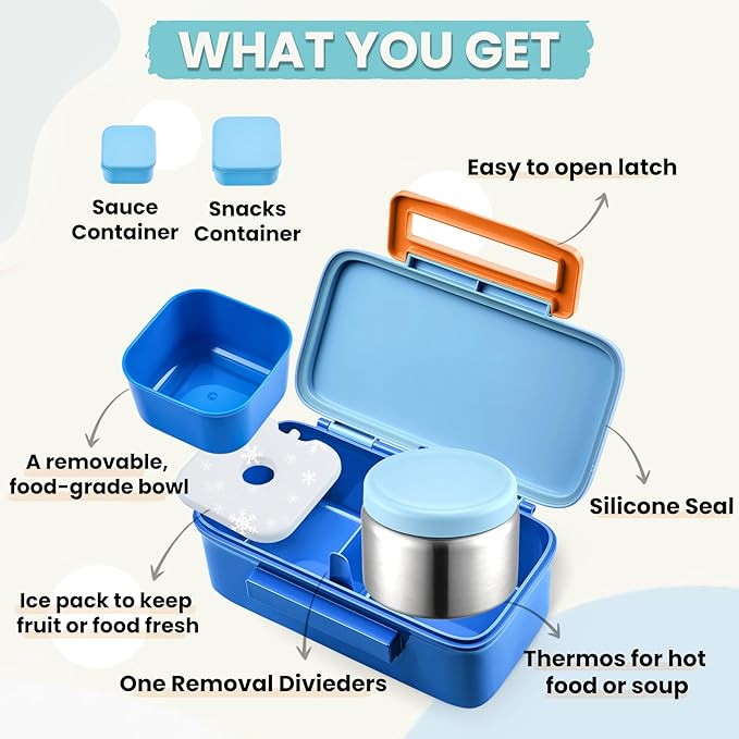 Kids Lunch Bento Box with Thermo Ice Pack Food Container with Insulated Lunch Bag, Insulated Water Bottle with Straw for Girls Boys, Blue