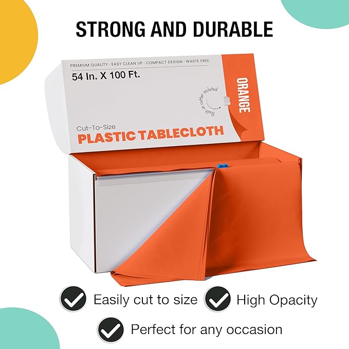 Exquisite Party Solids 54 Inch X 100 Feet Orange Plastic Table Cover Roll in A Cut - to - Size Box with Convenient Slide Cutter. Cuts Up to 12 Rectangle 8 Feet Plastic Disposable Tablecloths