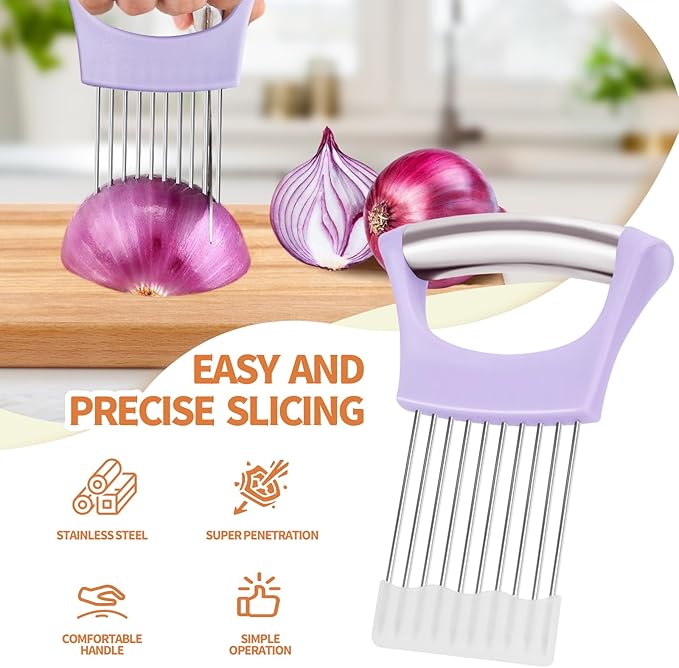 2PCs Stainless Steel Onion Slicer Holder, Onion Cutter Holder for Slicing of Onions,Tomatoes,Avocados,Eggs and Other Vegetables,KItchen Utensils (Purple & Black)