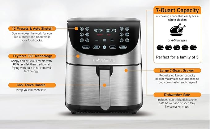 Gourmia Air Fryer Oven Digital Display 7 Quart Large AirFryer Cooker 12 Touch Cooking Presets, XL Air Fryer Basket 1700w Power Multifunction GAF778 Black and stainless steel air fryer FryForce 360°