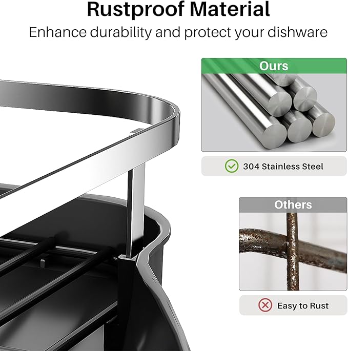 Dish Drying Rack, Expandable Dish Rack for Kitchen Counter, Stainless Steel Dish Drainer with Drainboard Set and Utensil Holder (Black)