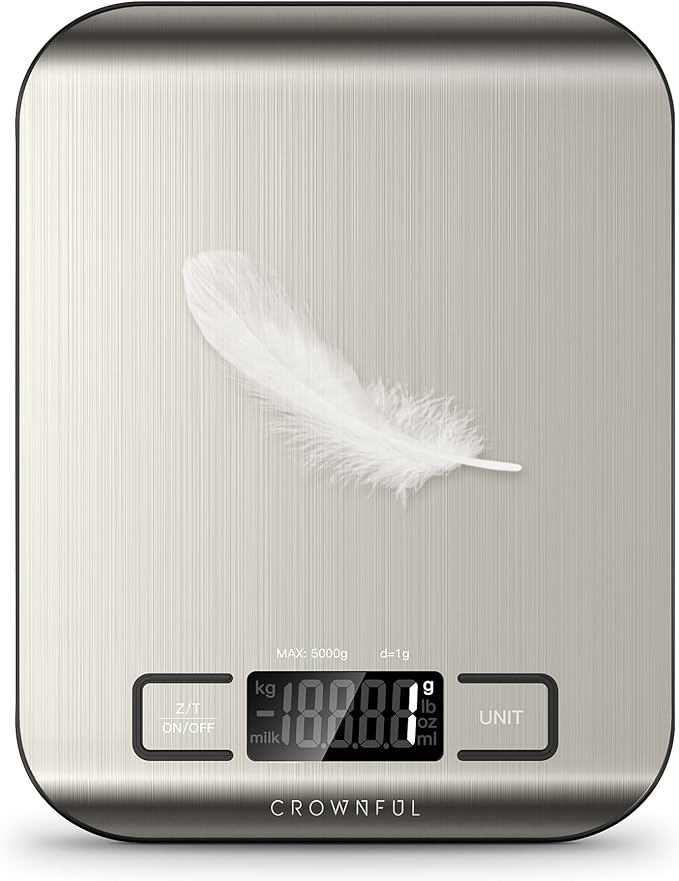 CROWNFUL Food Scale, 11 lb Digital Kitchen Scales with Built-in Coin Battery, Weight Ounces and Grams for Cooking and Baking, 6 Units with Tare Function, LCD Display, 304 Stainless Steel