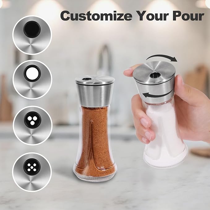 Adjustable Salt Pepper Shakers Glass - 4 OZ Spice Dispenser with Stainless Steel Lid for Kitchen, Cooking & BBQ Use
