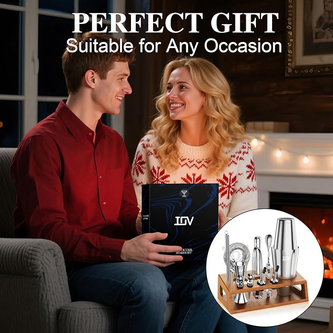 IOV Mixology Bartender Kit Bar Set with Stand | 17-Piece Cocktail Shaker Set | 28oz Boston Shaker Drink Mixer Set with All Essential Accessory Tools | Fun Housewarming Gift (Silver)