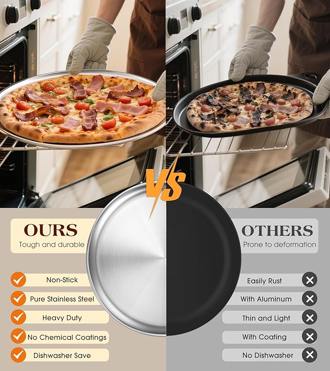 Stainless Steel Pizza Pan 16 inch, Pizza Pan for Oven, Steel Pizza Tray, Thick Round Pizza Plate Pizza Baking Sheet, Easy Clean & Dishwasher Safe, Set of 1