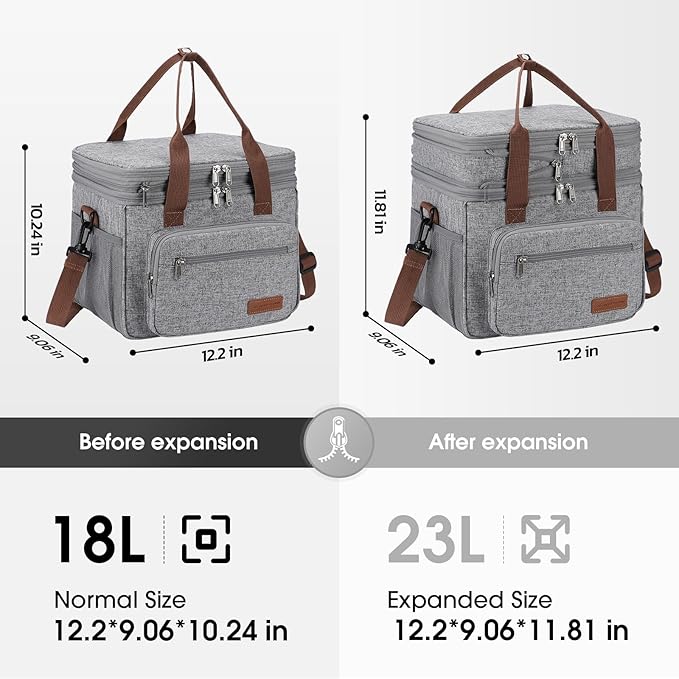 Maelstrom 23L Insulated Lunch Box For Men Women,Expandable Double Deck Lunch Cooler Bag,Lightweight Leakproof Tote Bag With Side Tissue Pocket,Gray