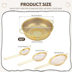 Baderke 1 Pcs 5 Quart Stainless Steel Gold Colander and 3 Pcs Fine Mesh Strainer with Handles Gold Kitchen Accessories for Kitchen Draining Rinsing Serving Food Pasta Rice Vegetables