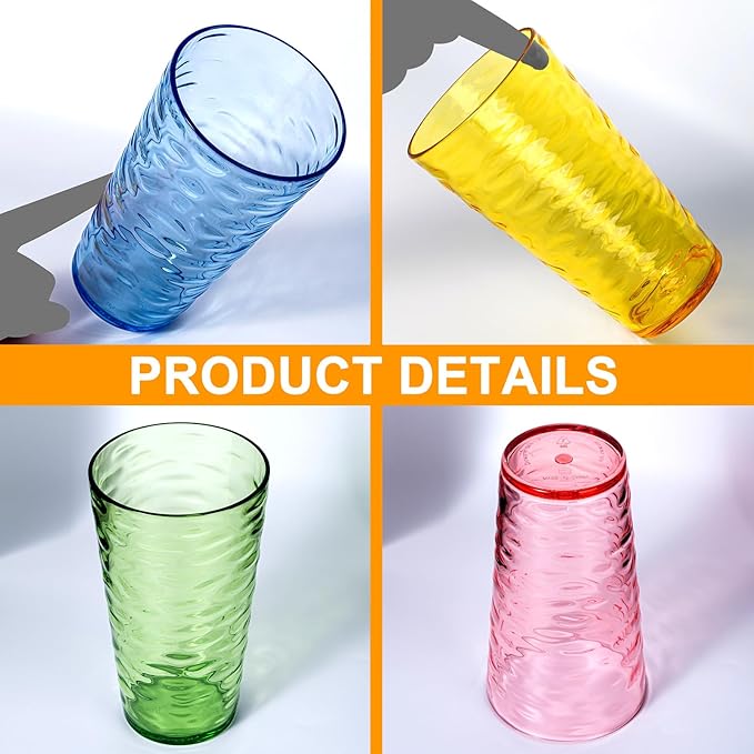 20-ounce Plastic Tumblers, Acrylic Drinking Glasses High-Balls, set of 6 Multicolor Reusable Plastic Cups, Stackable, BPA-Free, Shatter-Proof, Dishwasher-Safe