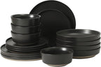 Gibson Elite Overbrook 16-Piece Pottery Clay Stoneware Dinnerware Set – Black Reactive Glaze, Stackable Plates and Bowls W/Pasta Bowl, Service for 4 – Microwave & Dishwasher Safe