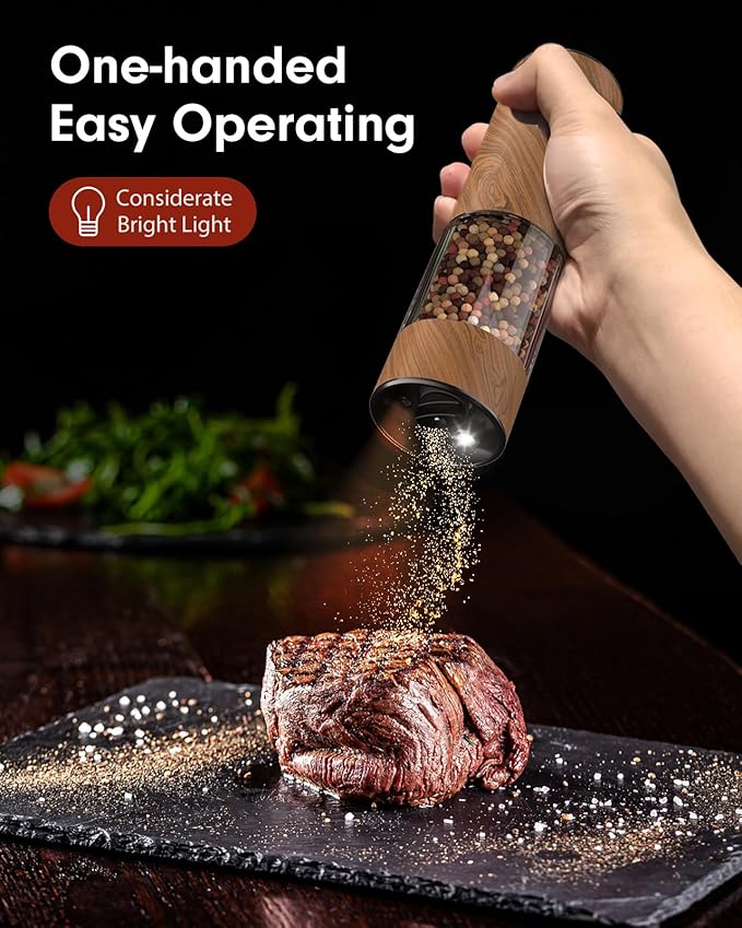 TOMEEM Upgraded Larger Capacity Electric Salt and Pepper Grinder Set Rechargeable with LED lights, Stainless Steel Automatic Pepper and Salt Grinder Refillable with 5 Adjustable Coarseness Wood Grain