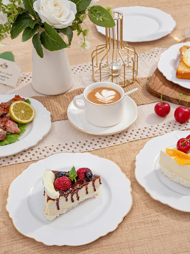 WDF 60pcs Gold Dessert Plates-7.5inch Baroque White and Gold Small Plastic Plates/Disposable Dessert/Salad/Cake/Appetizer Plastic Plate for Upscale Thanksgiving Parties/Wedding/Birthday