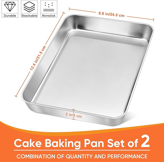 Herogo Rectangle Cake Pan Set of 2, 9 X 12 Inch Stainless Steel Baking Pan for Oven, Lasagna Brownies Casseroles Cakes Bakeware, Dishwasher Safe