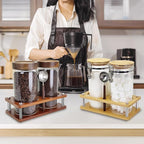 Glass Coffee Grounds Container with Shelf, 2 × 45 oz Glass Coffee Canisters with Airtight Thread Lid, Glass Storage Jars with Stainless Steel Spoon for Coffee Bean, Sugar,Nut