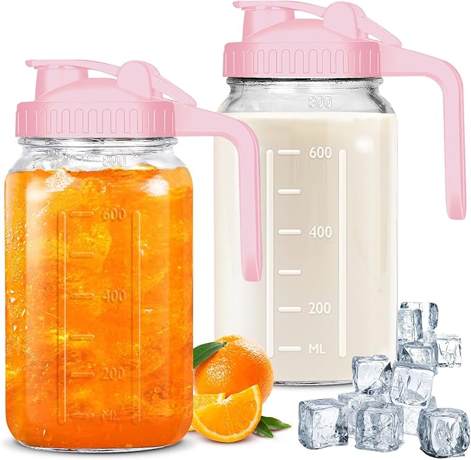 Mason Jar Pitcher, 32 OZ Breast Milk Pitcher Double Leak Proof with Pour Spout Handle, Wide Mouth Iced Tea Pitcher for Fridge, Creamer Container for Coffee, Sun Tea juice (Pink,2 Pack)