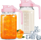 Mason Jar Pitcher, 32 OZ Breast Milk Pitcher Double Leak Proof with Pour Spout Handle, Wide Mouth Iced Tea Pitcher for Fridge, Creamer Container for Coffee, Sun Tea juice (Pink,2 Pack)