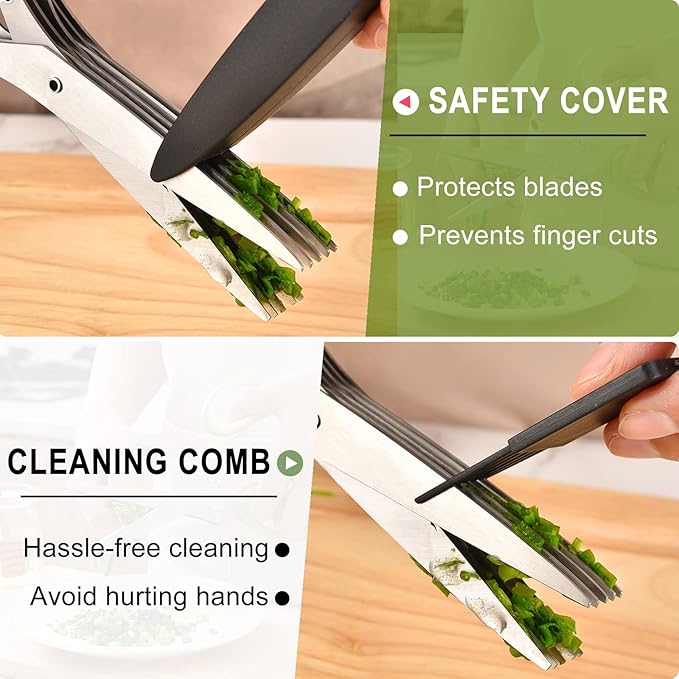 Herb scissors, Multipurpose Cutting Shears with 5 Blade Kitchen Salad Scissors, Safety Cover and Cleaning Comb for Chopping Cilantro Onion Basil Chive Parsley, Black