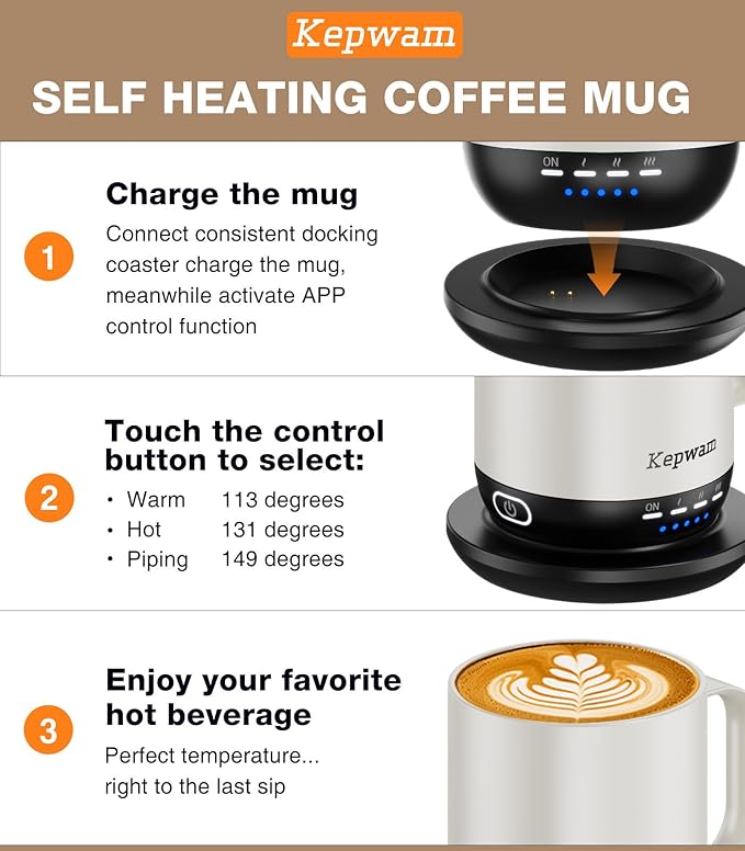 Self Heating Coffee Mug T1-16oz Fast Heating & Ultra Long-Lasting Battery Life, Heated Coffee Mug Up to 149℉ - Touch & App Controlled Coffee Mug, Birthday Gifts for Women and Men