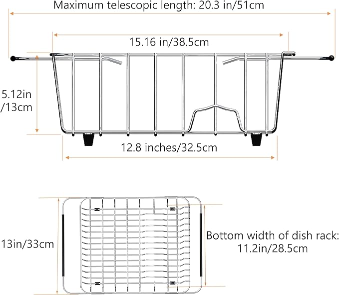 Stainless Steel Dish Drying Rack(15.2"L X 13"W X 5.8"H), Expandable Fruit & Vegetable Drain Rack over Sink, Dish Drainer Rack in Sink, with Stainless Steel Utensil Holder & Silicone Mat(16")