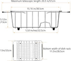 Stainless Steel Dish Drying Rack(15.2"L X 13"W X 5.8"H), Expandable Fruit & Vegetable Drain Rack over Sink, Dish Drainer Rack in Sink, with Stainless Steel Utensil Holder & Silicone Mat(16")