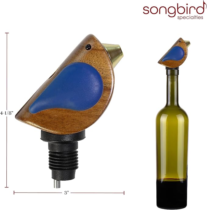 Wine Bottle Pourer, Fun Wine Pourer Spout Sings While It Pours, Airtight Wine Bottle Sealer, Acacia Wood with Blue Wings