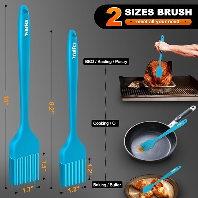 Walfos Silicone Basting Pastry Brush, Heat Resistant Pastry Brush Set, Strong Steel Core and One-Pieces Design, Perfect for BBQ Grill Baking Kitchen Cooking, BPA Free and Dishwasher Safe, 2 Pcs (Blue)