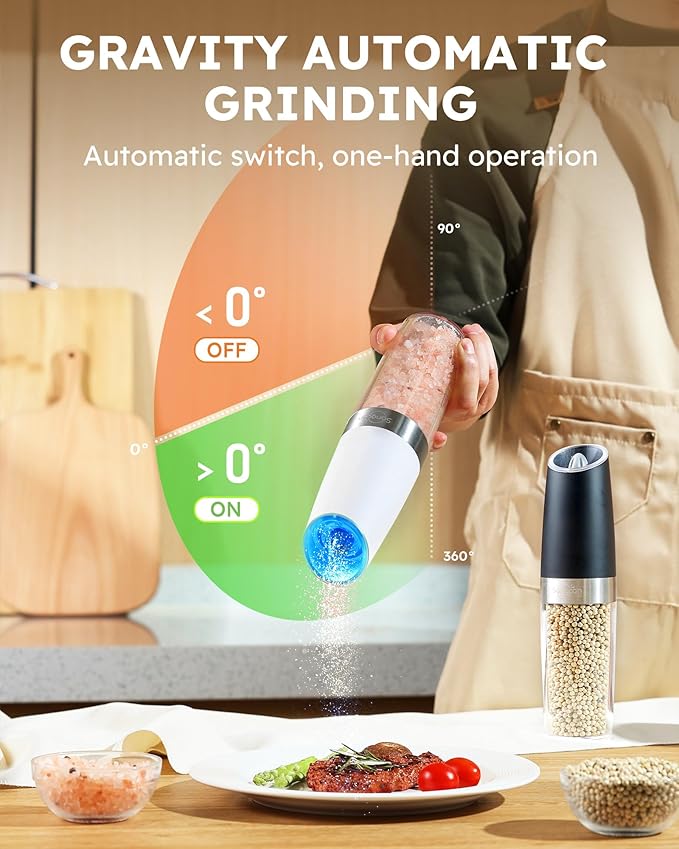 Sangcon Gravity Electric Salt and Pepper Grinder Set 𝐔𝐩𝐠𝐫𝐚𝐝𝐞𝐝 𝟗𝐨𝐳 𝐗𝐋 𝐂𝐚𝐩𝐚𝐜𝐢𝐭𝐲 Battery Powered Refillable Automatic Operation Adjustable Coarseness Mill Grinder Shakers Set